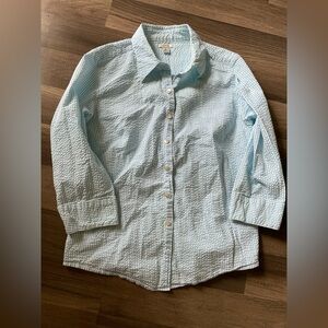 Women’s LL Bean Seersucker Striped Coastal White and Blue Button Up Shirt
